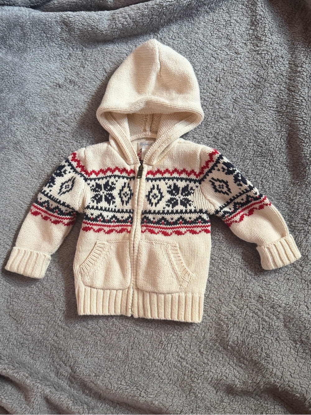 Ralph Lauren Cream Hooded Knit Sweater with Navy & Red Nordic Pattern